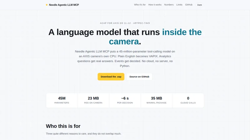 Needle LLM on Axis landing page: a language model that runs inside the camera